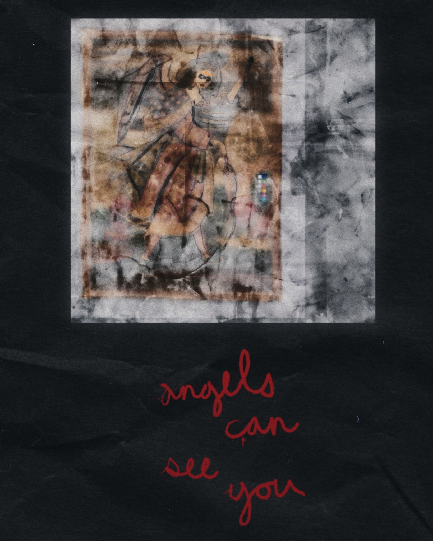 Layered angel artwork with handwritten text reading angels can see you