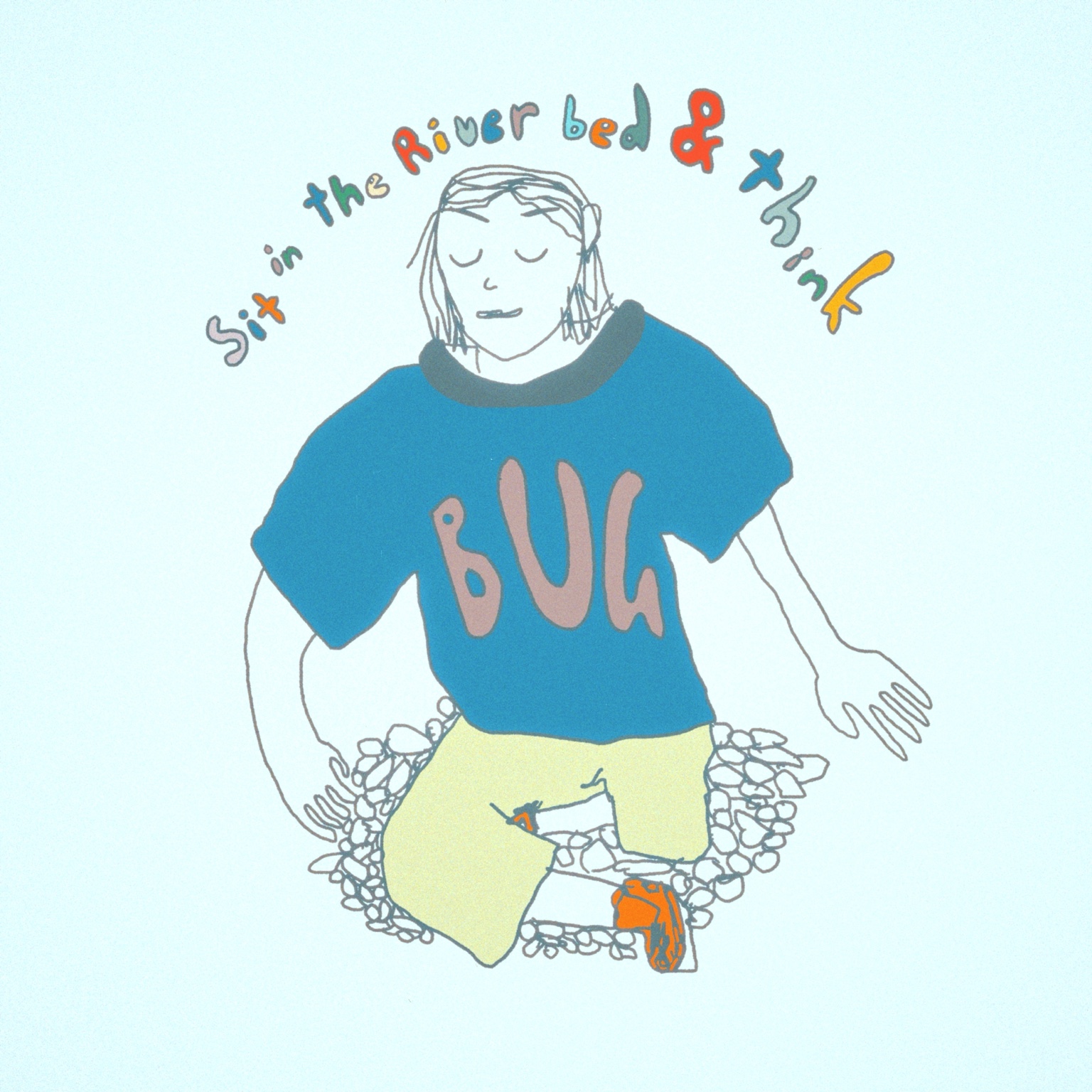 Hand-drawn figure sitting in a river bed